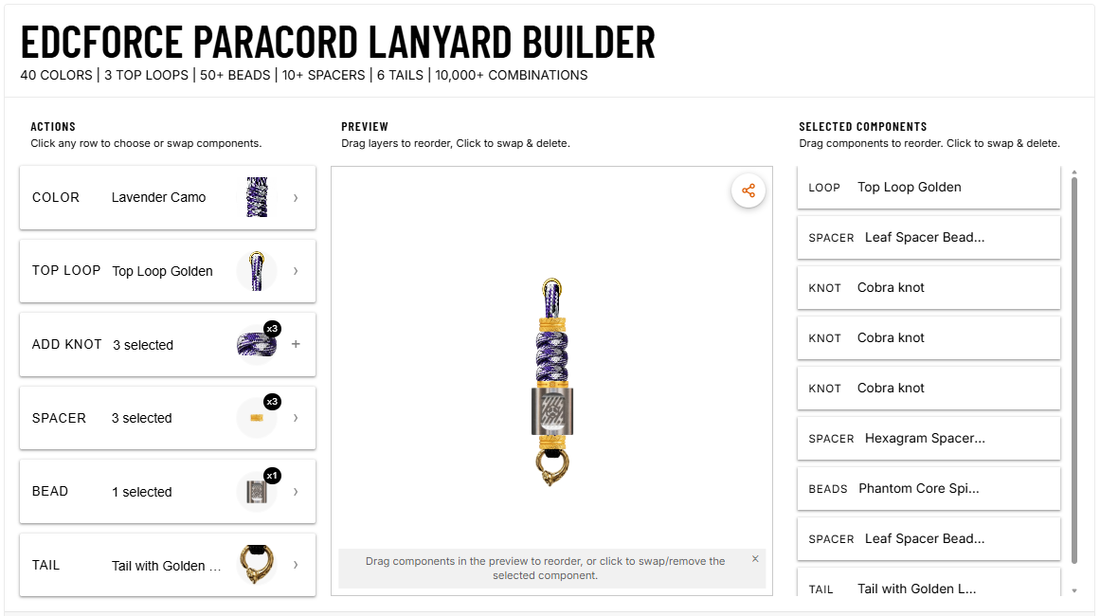 EDCFORCE Paracord Lanyard Builder main interface with live preview