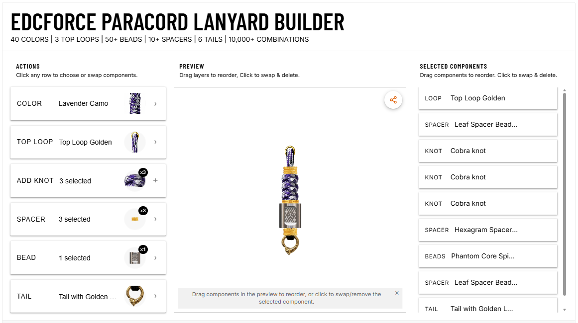 EDCFORCE Paracord Lanyard Builder main interface with live preview