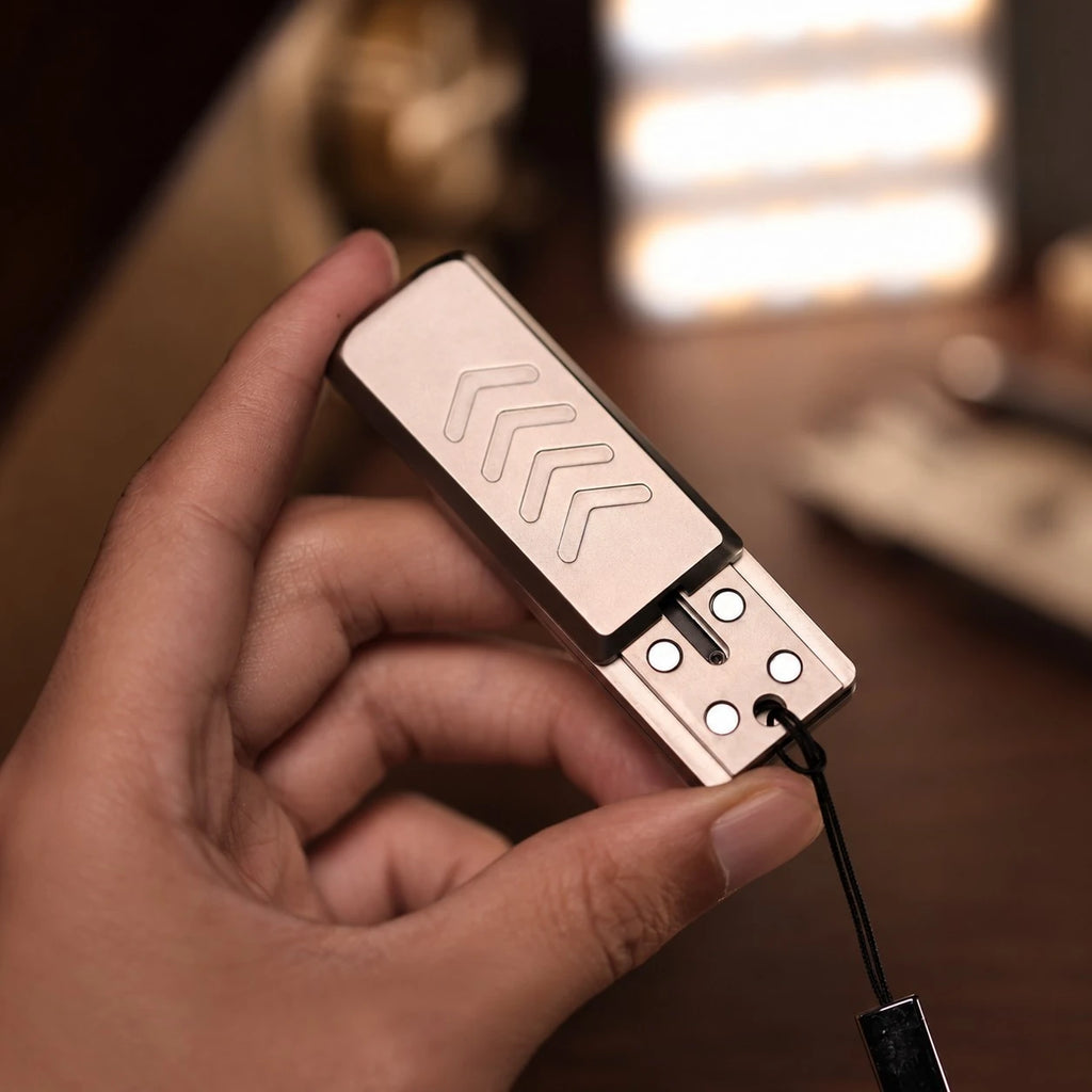 THE CYBER fidget slider close up — stepped detents and magnetic back