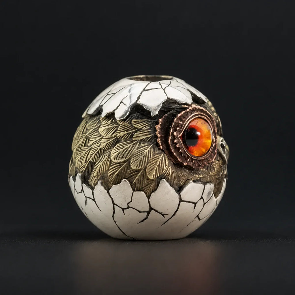 Hatching Owl Lanyard Bead – Amber Glass Eyes