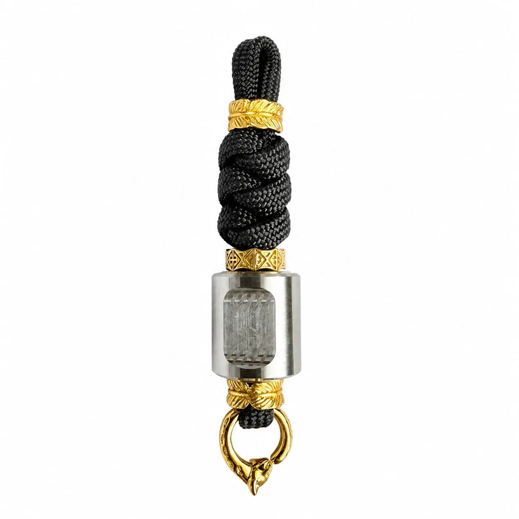 Black Paracord Lanyard with Titanium Spinning Top Bead & Gold Leopard Tail