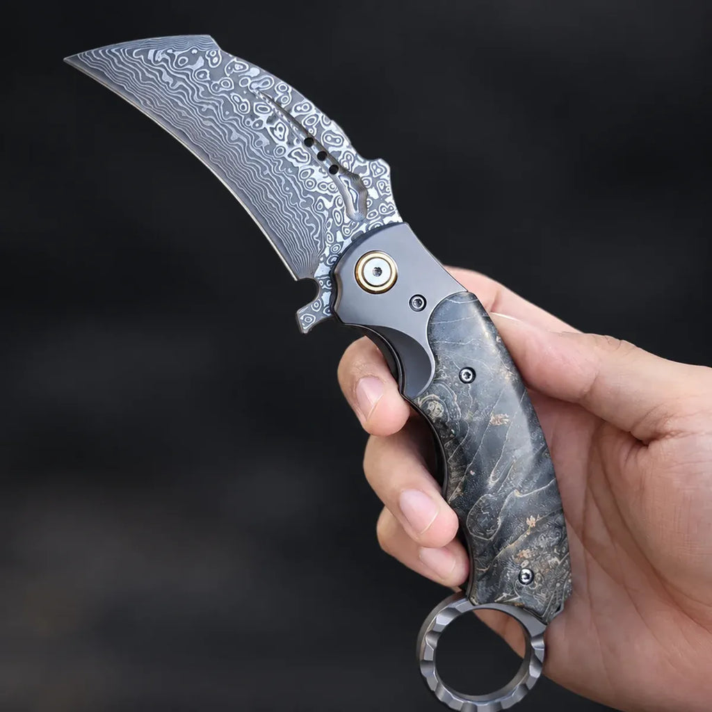 The Karambit Folding Knife — Damascus & Rosewood Handle