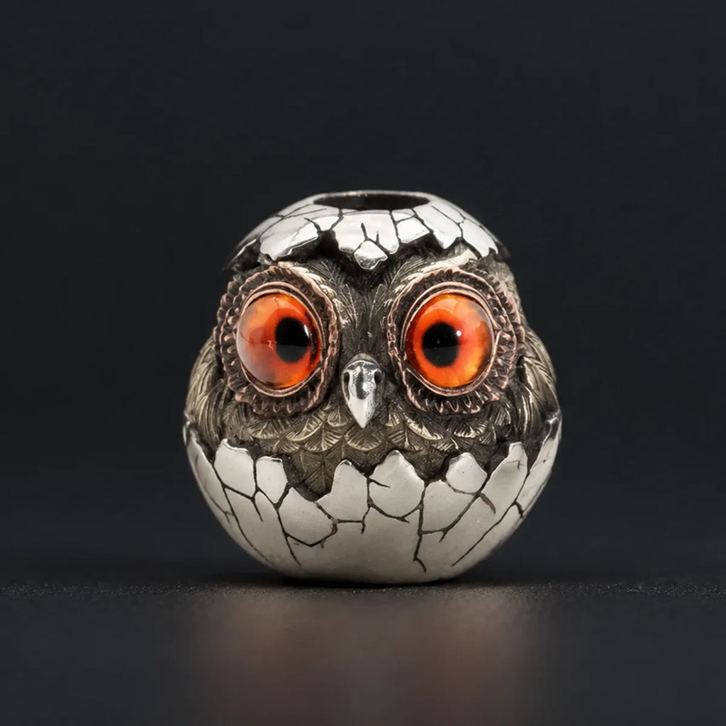 Hatching Owl Lanyard Bead – Amber Glass Eyes