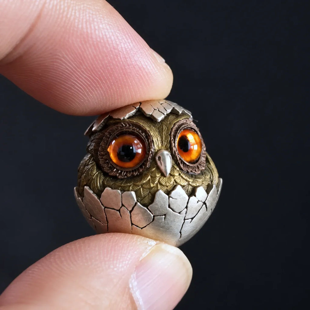 Hatching Owl Lanyard Bead – Amber Glass Eyes